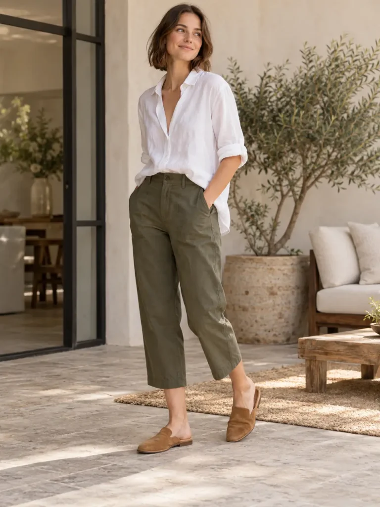 Woman wearing tan suede-look mules with olive cropped trousers