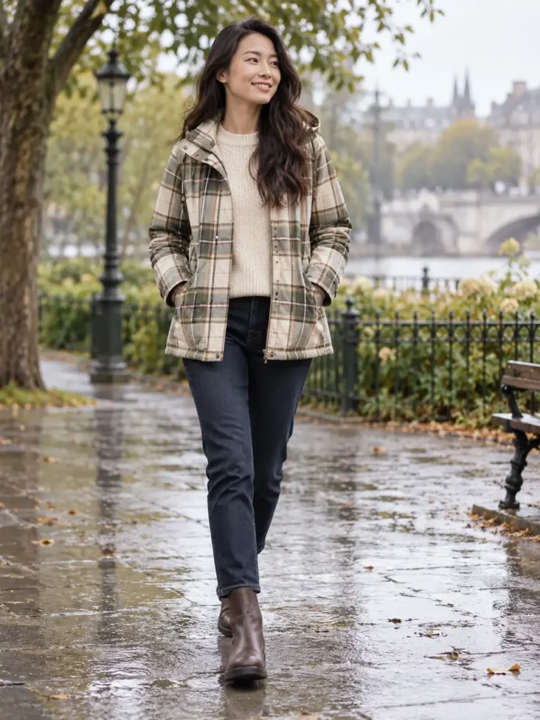 Woman wearing a beige-and-olive plaid rain jacket with dark jeans after rain